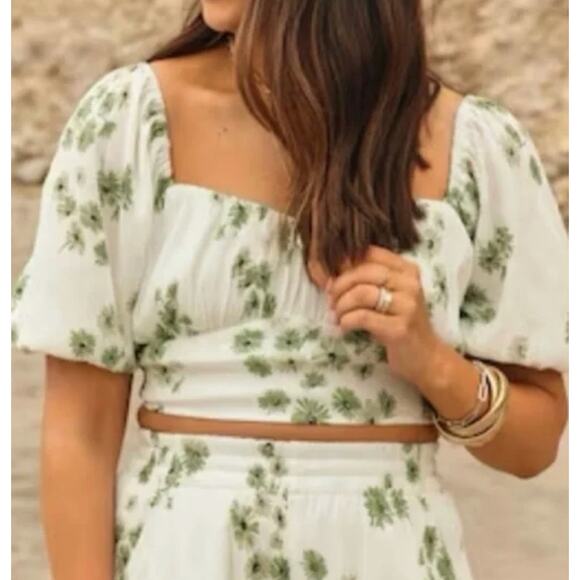 Abercrombie & Fitch Top Womens S Floral Puff Sleeve Crop Green White Crinkle - Picture 10 of 16